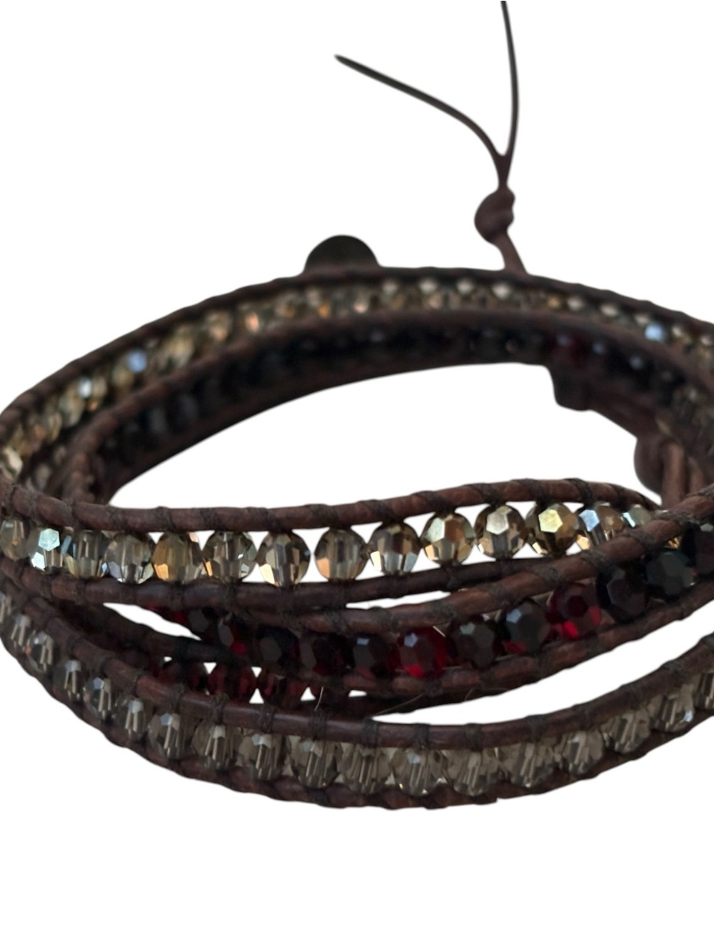 Chan Luu 925 Silver Beaded Red Grey Crystal Leather 5 Wrap Bracelet - Picture 6 of 7